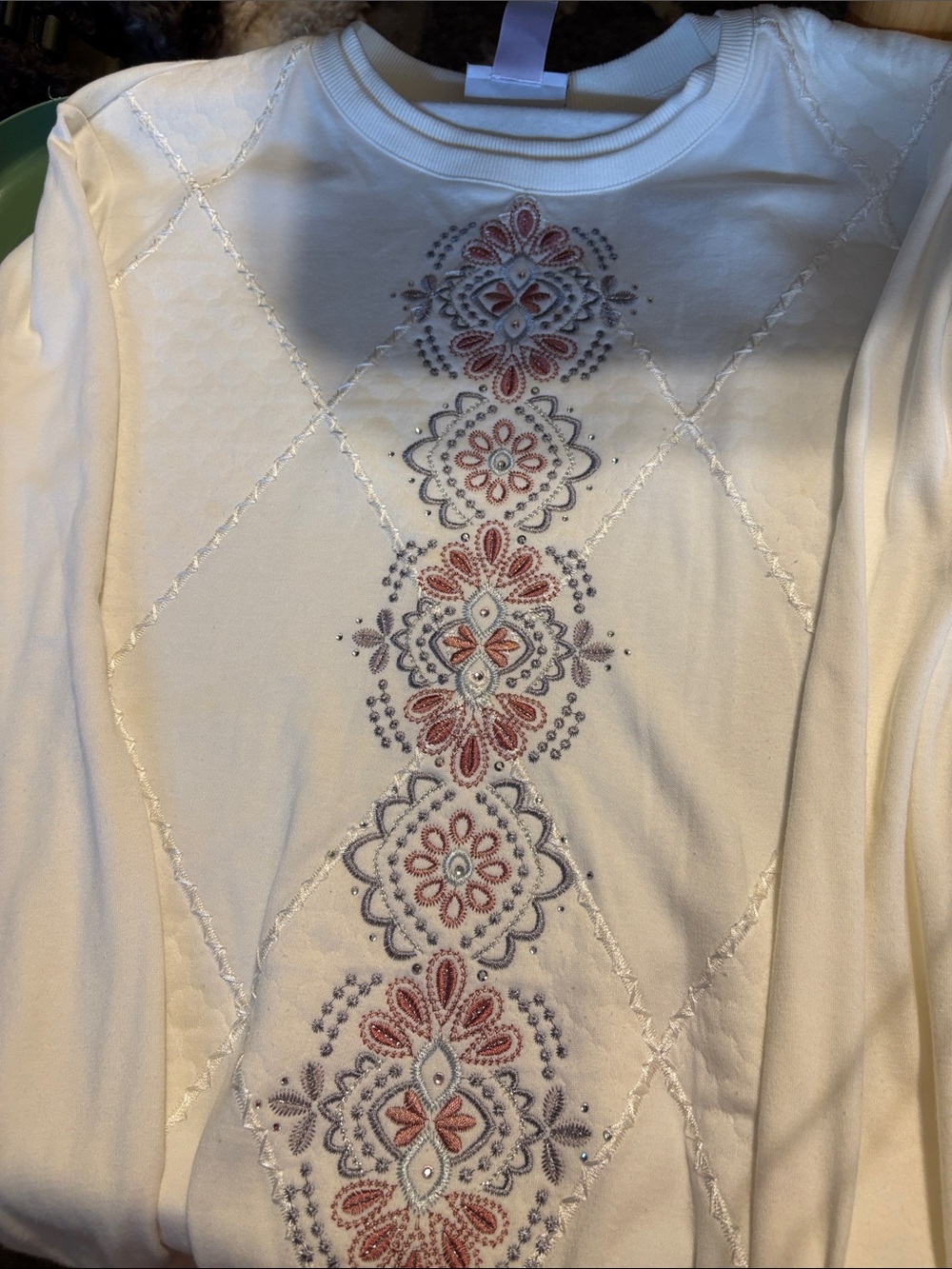 Alfred Dunner Cream Embroidered Diamond-Panel Sweatshirt